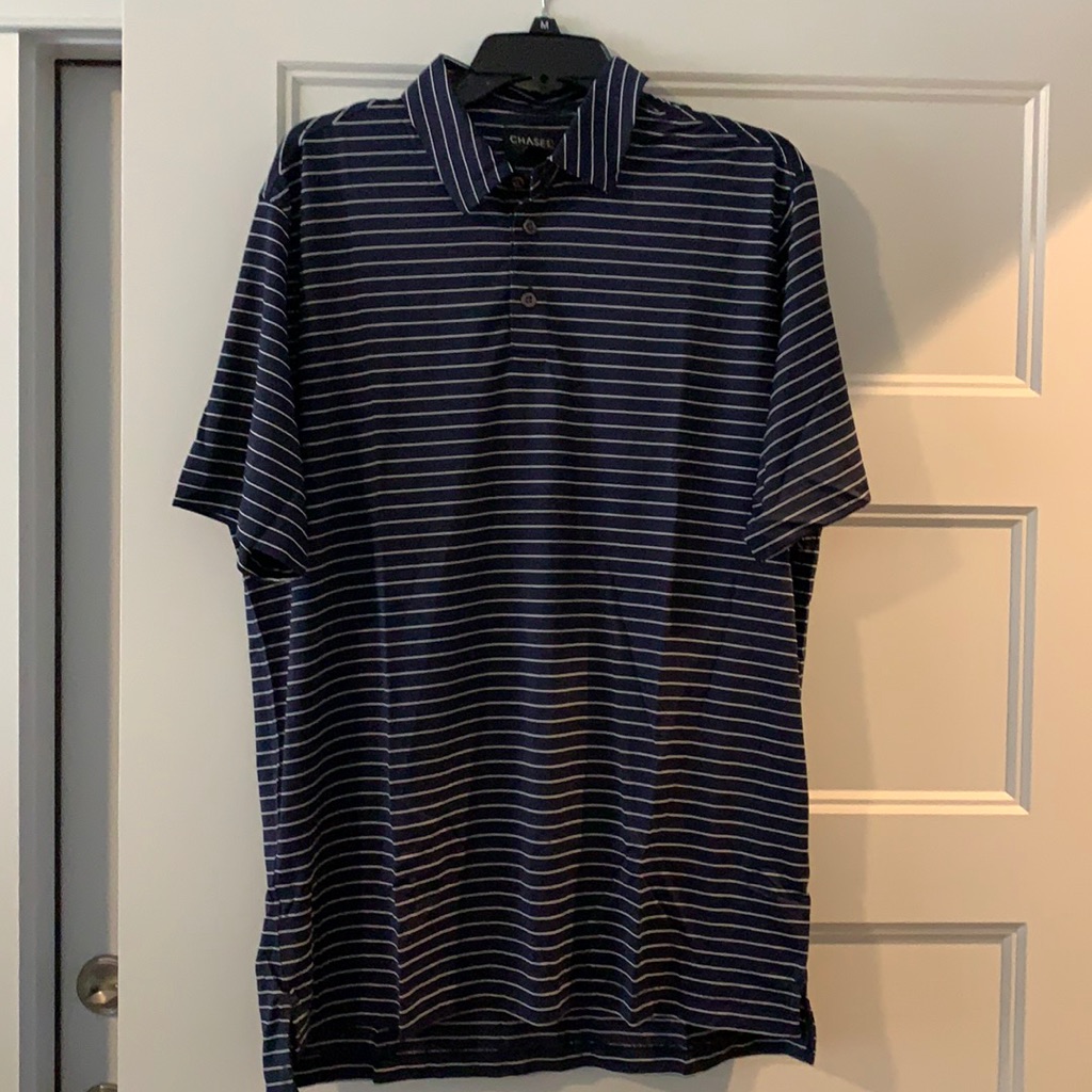 Brand New Chase 54 Navy And White Striped Mens Golf Shirt